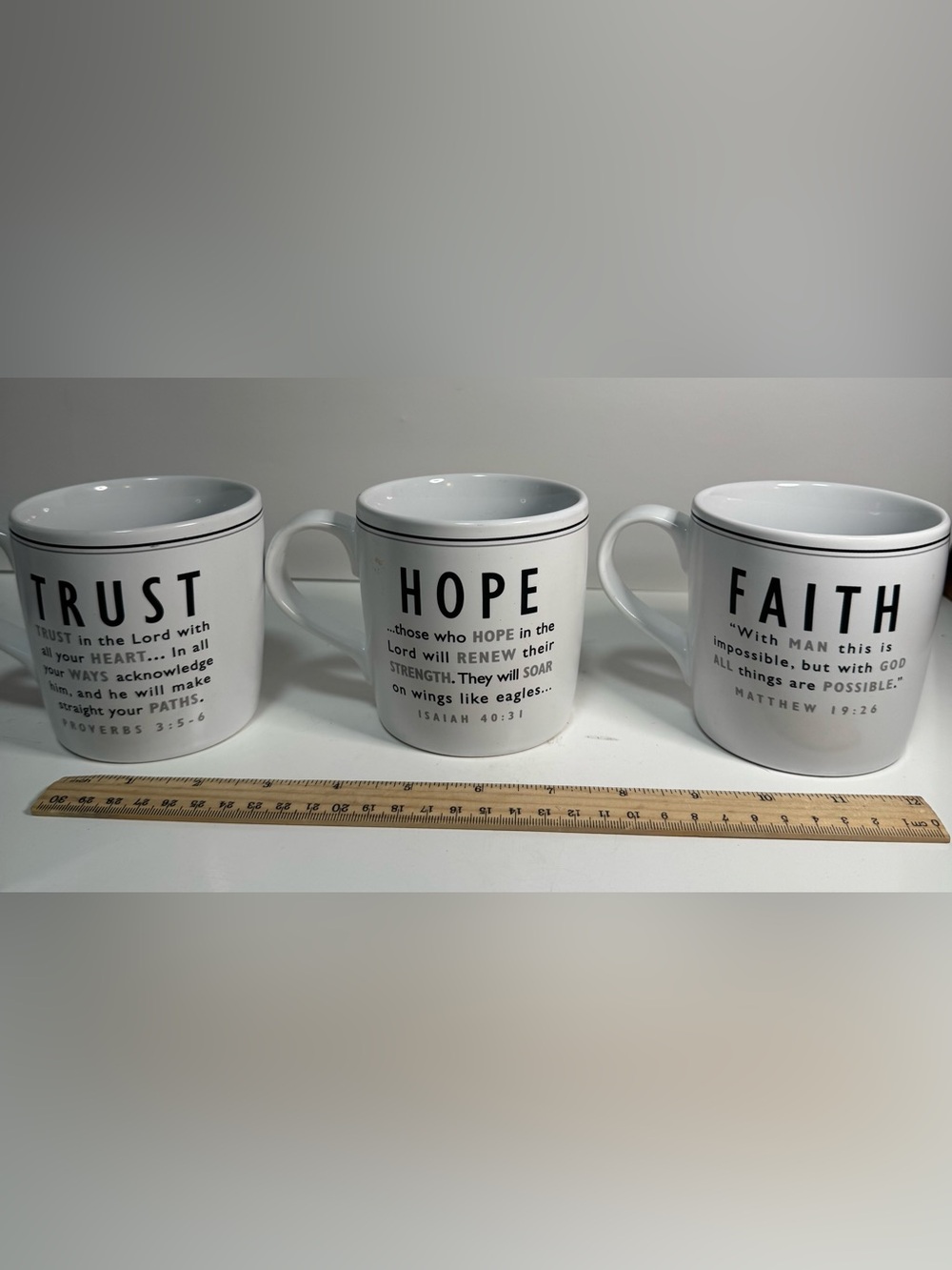 Trust, Hope, Faith x3 Ceramic Mugs lighthouse Bible proverb Isaiah Matthew